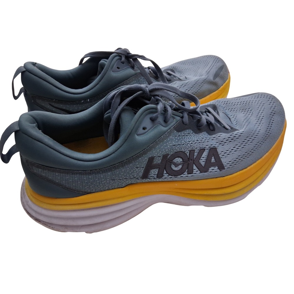 Hoka Bondi 8 Running Shoes Mens Size 12 Grey Yellow Good Condition 1123202
